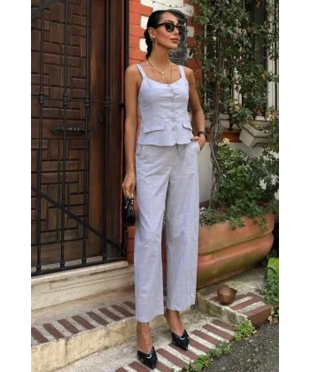 Kalın Askılı Bluz Pantolon Keten Takım 10187