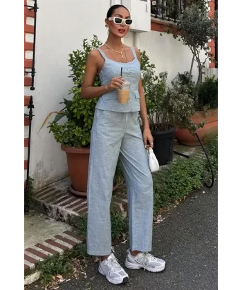 Kalın Askılı Bluz Pantolon Keten Takım 10187