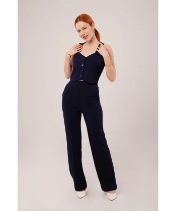 Kalın Askılı Düğmeli Yelek Ve Pantolon acivert Takım