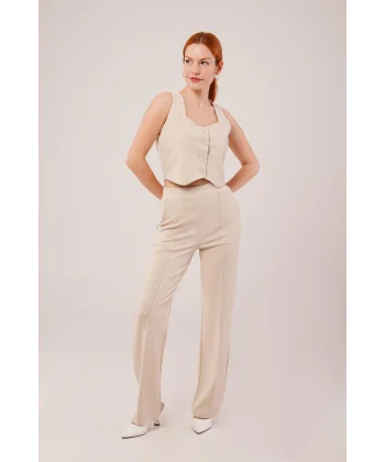 Kalın Askılı Düğmeli Yelek Ve Pantolon Bej Takım