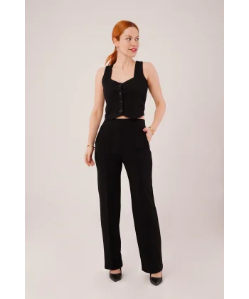 Kalın Askılı Düğmeli Yelek Ve Pantolon iyah Takım