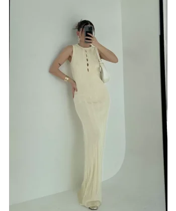 Kalın Fitilli Uzun Triko Elbise - Kırık Beyaz