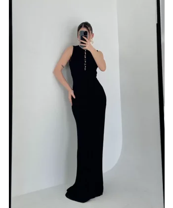 Kalın Fitilli Uzun Triko Elbise - Siyah