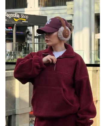 Kalın Polar Yakalı Fermuarlı weat Pantolonlu Takım  Bordo