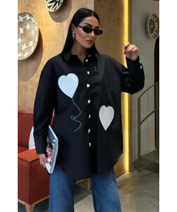 Kalp Nakışlı Ve Düğme Detaylı Oversize Gömlek 3430