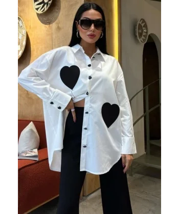 Kalp Nakışlı Ve Düğme Detaylı Oversize Gömlek 3430