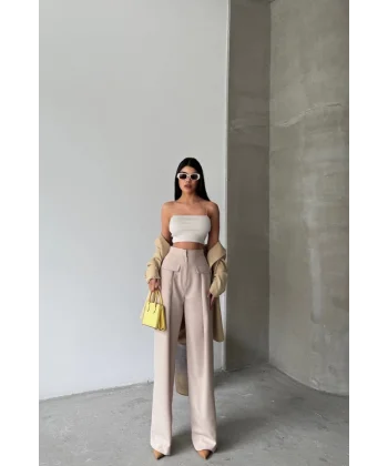 KAPALI GENİŞ PİLE CEP KAPAK DETAYLI PANTOLON - Bej
