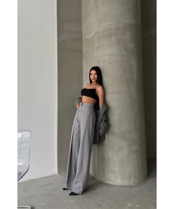 KAPALI GENİŞ PİLE CEP KAPAK DETAYLI PANTOLON - Gri