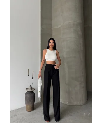 KAPALI GENİŞ PİLE CEP KAPAK DETAYLI PANTOLON - Siyah