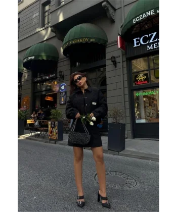 KAPİTONE CROP CEKET  ETEK TAKI ARA DETAYI  iyah