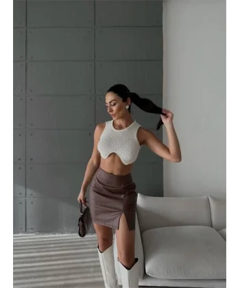 KAPİTONE DERİ ETEK YIRTAÇI  Kahverengi