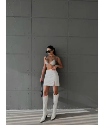 KAPİTONE DERİ ETEK YIRTMAÇLI - Beyaz