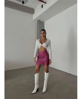 KAPİTONE DERİ ETEK YIRTMAÇLI - Fuşya