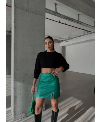 KAPİTONE DERİ ETEK YIRTMAÇLI - Yeşil