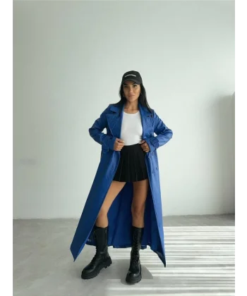 KAPİTONE DERİ TRENCH - Mavi