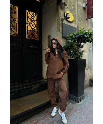 KAPİTONE KAPİŞONLU EŞOFMAN TAKIM - Kahverengi