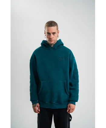 Kapşonlu Double Oversize Yıkamalı Evalı Nakışlı SweatShirt - Koyu Deniz Yeşili
