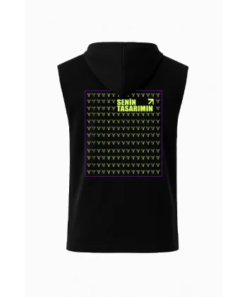 Kapşonlu İki İplik Tişört Ön Arka Sizin Tasarımınız - Siyah