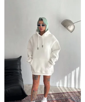 Kapşonlu Üç İplik Penye Basic SweatShirt - Beyaz