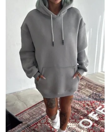 Kapşonlu Üç İplik Penye Basic weathirt  Boyalı Gri