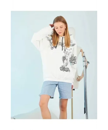 Kapüşonlu trong Heykel Baskılı weatshirt  Beyaz
