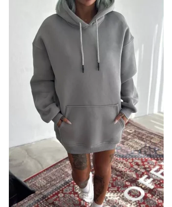 Kapüşonlu Üç İplik Penye Basic SweatShirt - Boyalı Gri