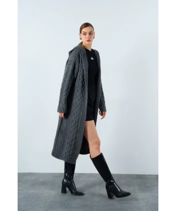 Kapüşonlu Uzun Hırka  Füme