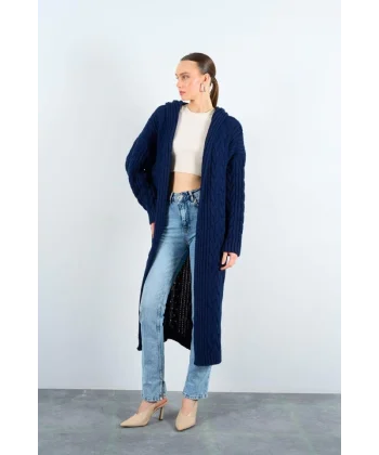 Kapüşonlu Uzun Hırka  Lacivert