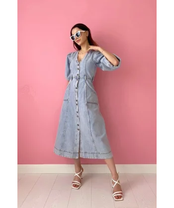 Kar Yıkama Balon Kol Kot Elbise