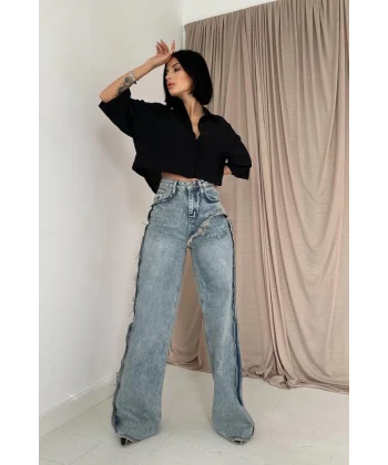 Kar Yıkama Yan Yırtmaçlı Jeans Pantolon