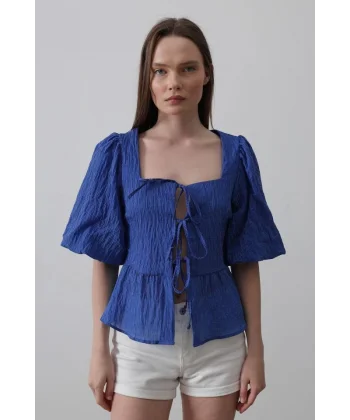 Kare Yaka Balon Kol Bluz - Mavi