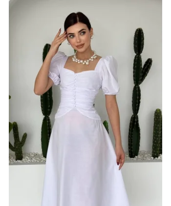 Kare Yaka Düğmeli Elbise