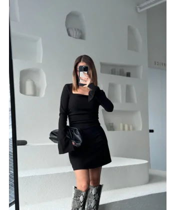 Kare Yaka Mını Boy Fitilli Elbise - Siyah