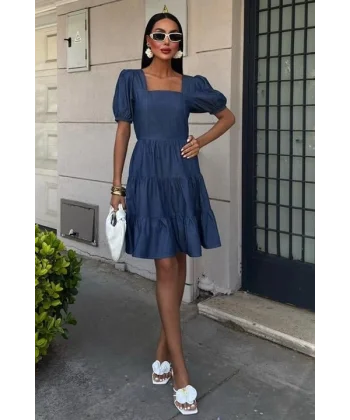 Kare Yakalı Ve Gipe Detaylı Tensel Elbise 2883