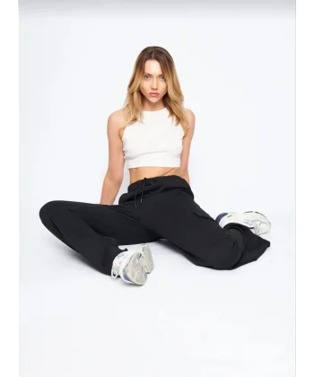 Kargo Cepli Palazzo Oversize Kesim İki iplik Bol Paça Eşofman Altı Pantalon - Siyah