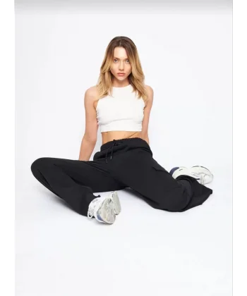 Kargo Cepli Palazzo Oversize Kesim İki iplik Bol Paça Eşofman Altı Pantalon - Siyah