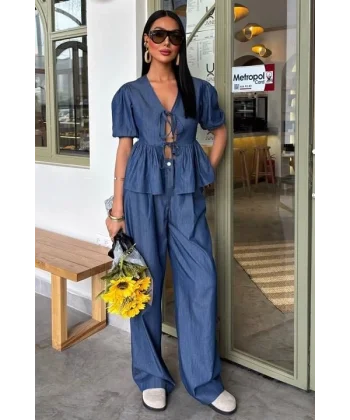 Karpuz Kol Önü Bağcıklı Plazzo Pantolon Tensel Takım 10177