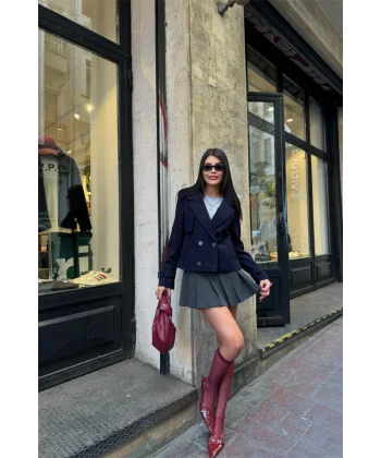 KAŞE CROP 4 DÜĞE CEKET  acivert