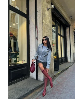 KAŞE CROP CEKET 4 DÜĞE  Gri