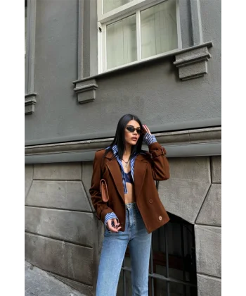 KAŞE CROP CEKET 4 DÜĞE  Kahverengi