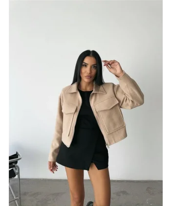 KAŞE CROP CEKET ÖNDEN FERUARI  Bej