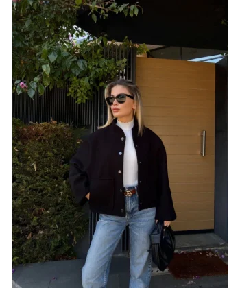 Kaşe Kaşmir Cıt Cıt Detaylı Yama Cepli Bomber Ceket  iyah