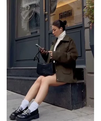 Kaşe Kaşmir kumaş cep ve çıt çıt düğme detay Bleazer pinterest ceket mont - Haki