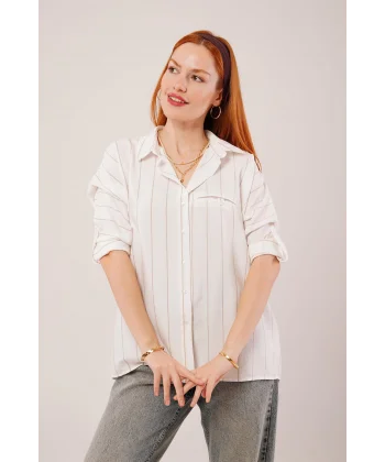 Katlanabilir Kol Ve Cep Detaylı Camel Çizgili Gömlek