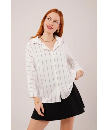 Katlanabilir Kol Ve Cep Detaylı Gri Çizgili Gömlek