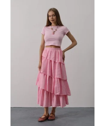 Katlı Kesim Uzun Etek - Pembe