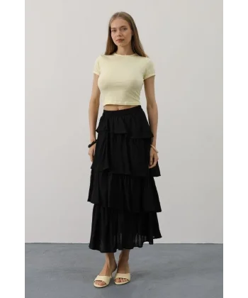 Katlı Kesim Uzun Etek - Siyah