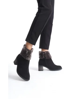 KATYA Fermuarlı Ortopedik Taban Topuklu Kürk Detaylı Süet Kadın Bot  SST - Siyah