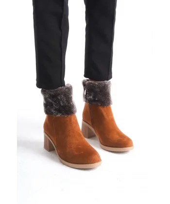 KATYA Fermuarlı Ortopedik Taban Topuklu Kürk Detaylı Süet Kadın Bot  STT - Taba