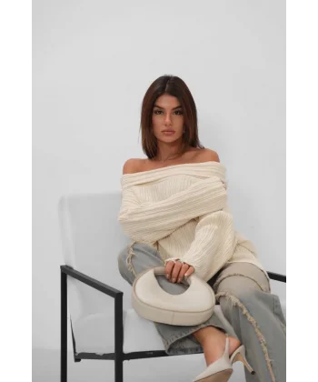 Kayık Yaka Fitilli Triko Kazak